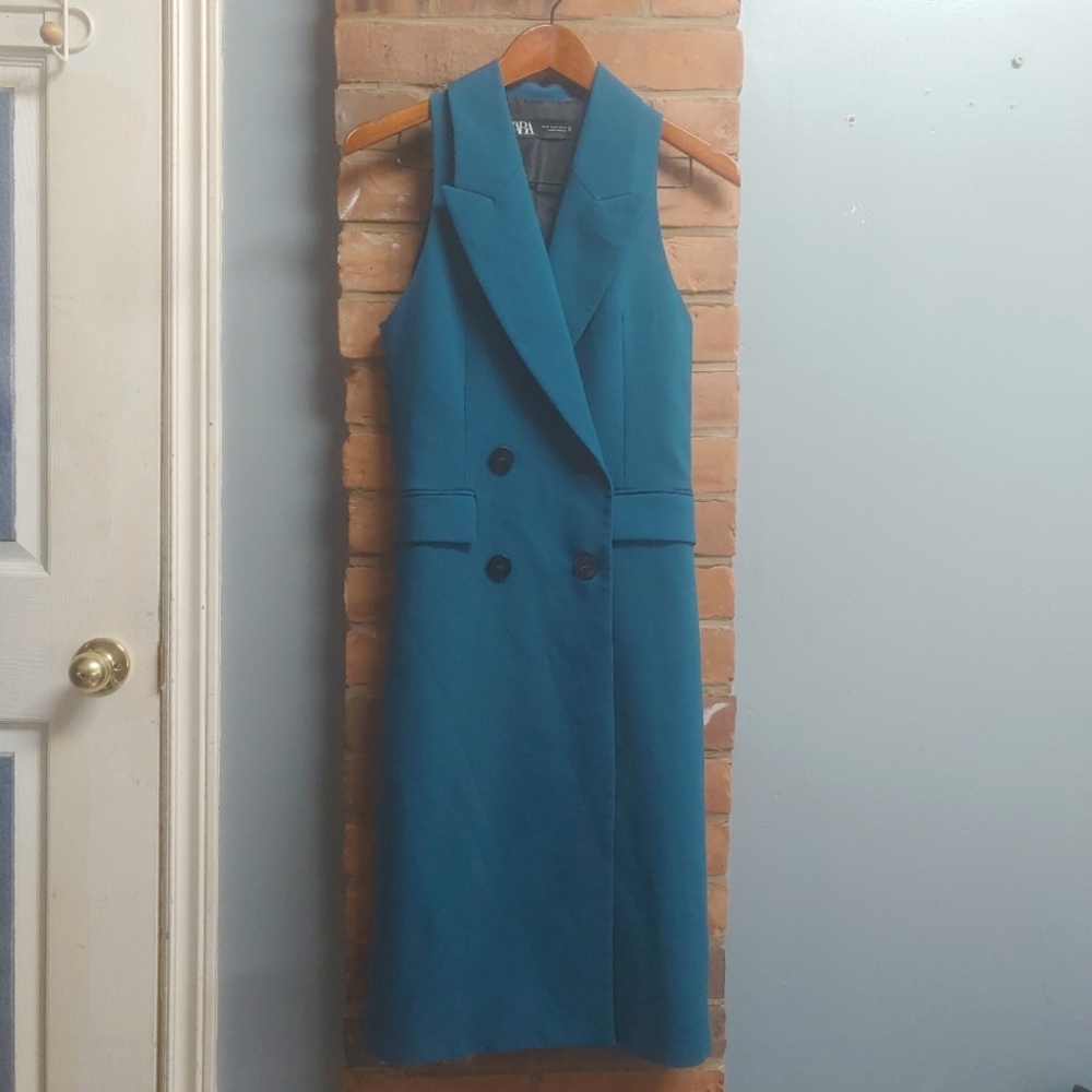 Zara Long Double Breasted Waistcoat In Teal Green Size Extra Small